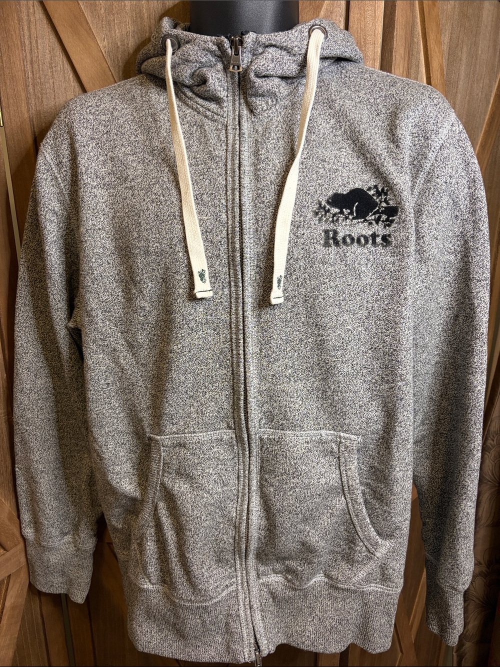 ROOTS Grey Full Zip Fleece Hoodie Beaver Logo Heather Gray Maple Leaf Hood SZ M